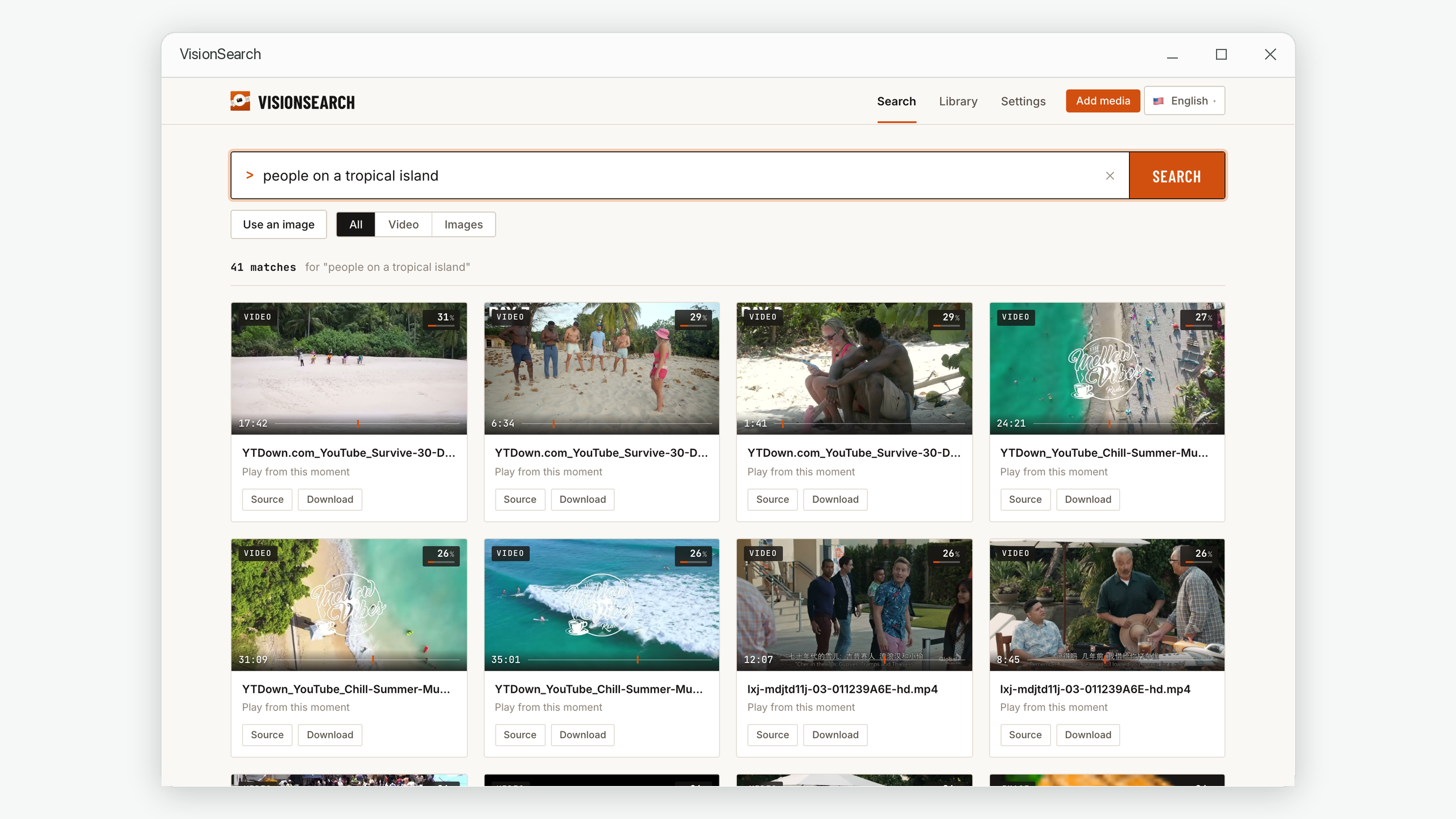 VisionSearch results for people on a tropical island, with matching video moments and timestamps