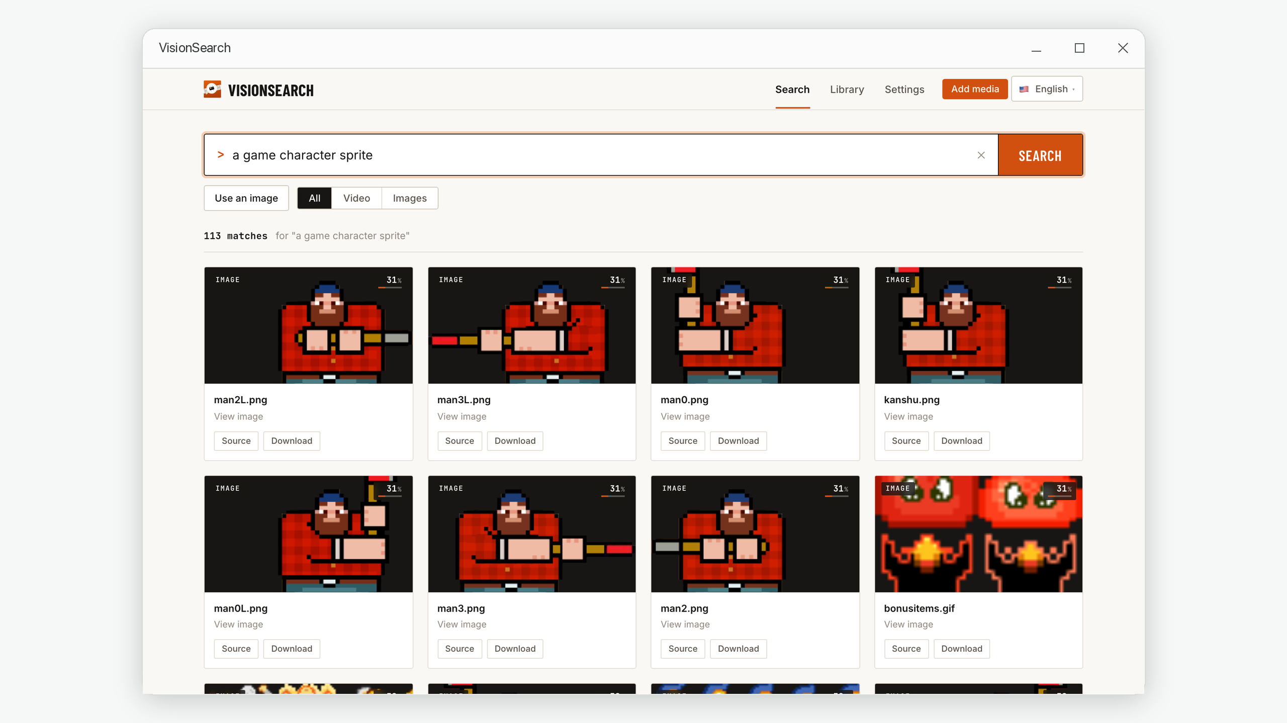 Image search results for 'a game character sprite' showing matching pixel-art character images