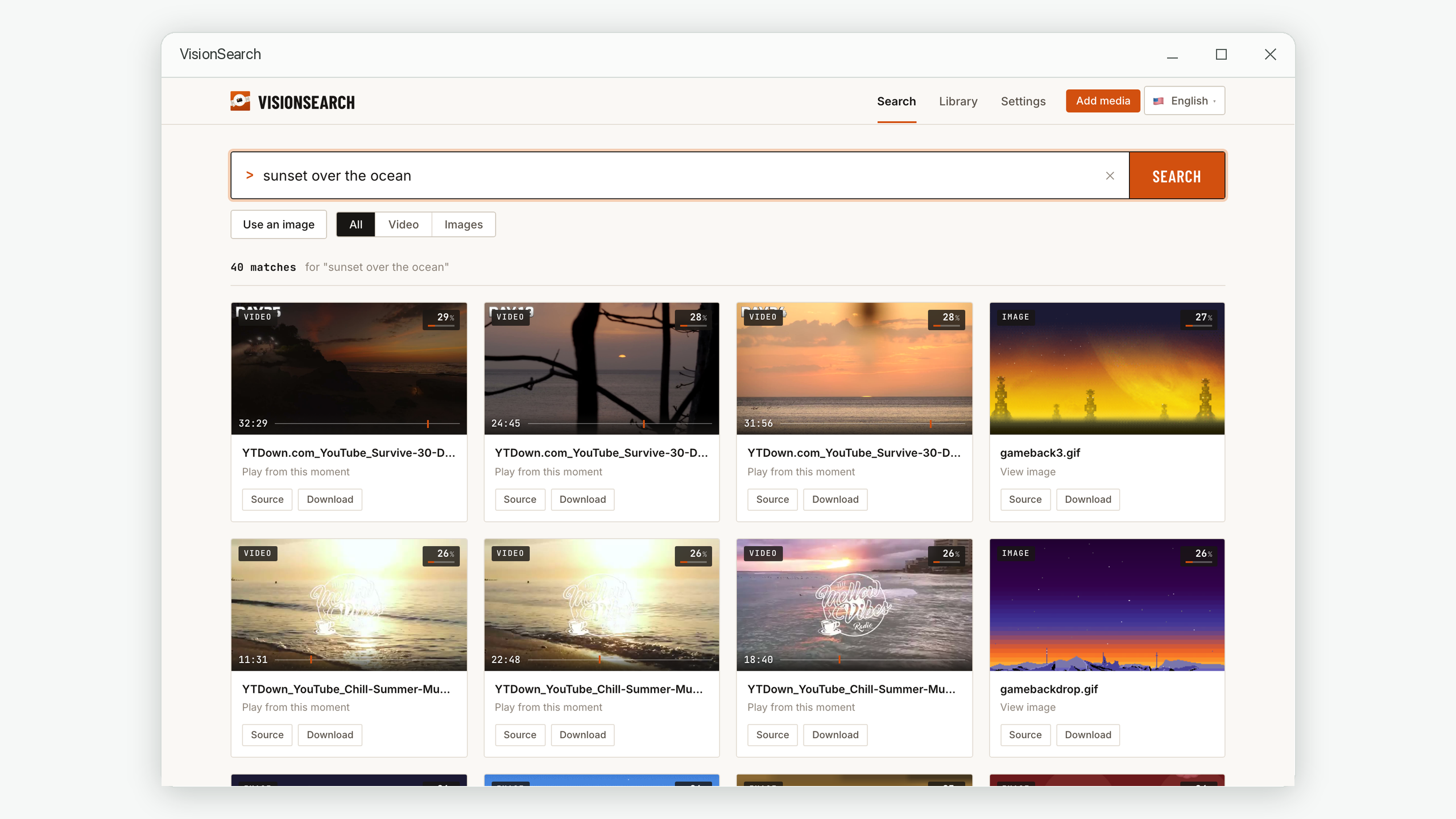 Search results for 'sunset over the ocean' returning both timestamped video frames and still images in one ranking
